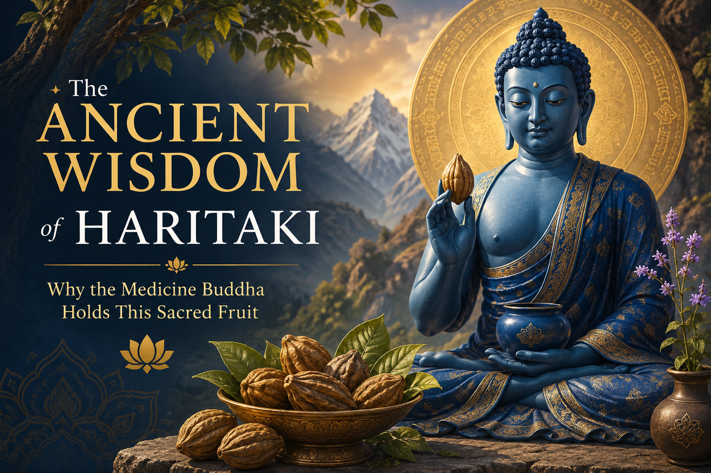 Medicine Buddha holding a sacred Haritaki fruit with Himalayan mountains in the background, symbolizing the ancient healing wisdom of Haritaki in Buddhist tradition.
