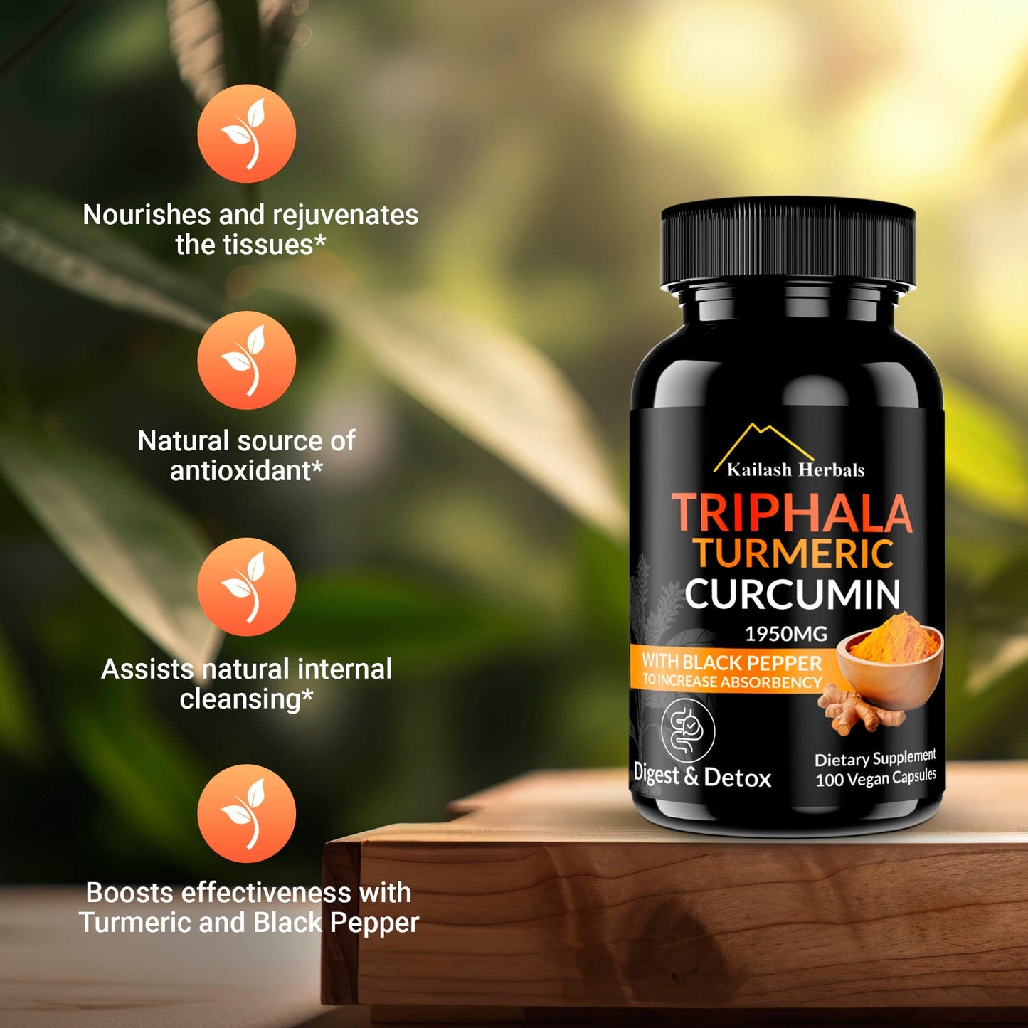 
                  
                    Kailash Herbals Triphala, Turmeric, Curcumin, 1950MG with Black Pepper, 100 Vegan Capsules, Digest & Detox Dietary Supplement
                  
                