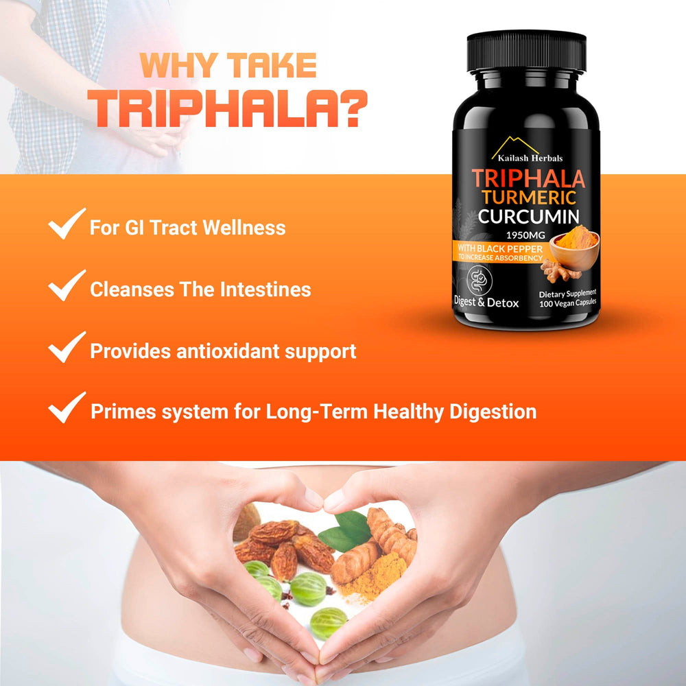 
                  
                    Kailash Herbals Triphala, Turmeric, Curcumin, 1950MG with Black Pepper, 100 Vegan Capsules, Digest & Detox Dietary Supplement
                  
                