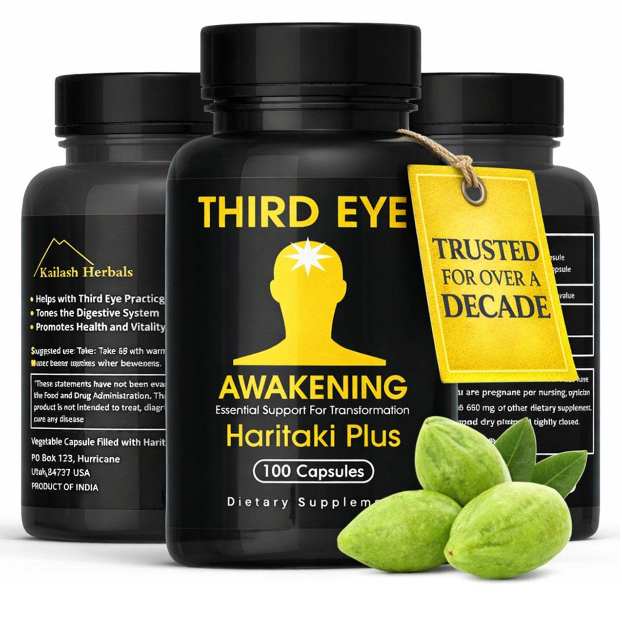 Third Eye Awakening organic Haritaki capsules for pineal gland support and brain health, 100 vegan capsules