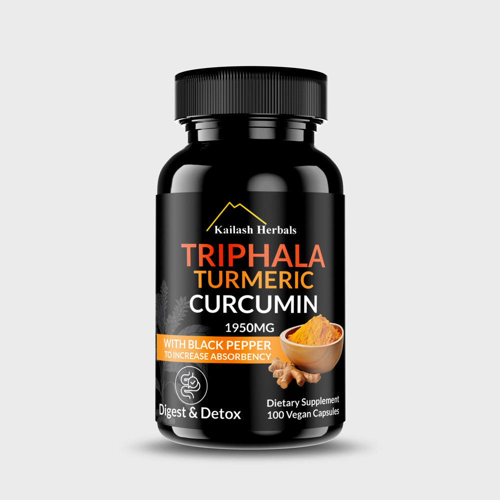 Kailash Herbals Triphala, Turmeric, Curcumin, 1950MG with Black Pepper, 100 Vegan Capsules, Digest & Detox Dietary Supplement